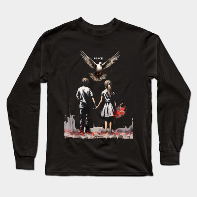 Against Hate: Call for a Peaceful Resolution on a dark (knocked out) background Long Sleeve T-Shirt by Puff Sumo
